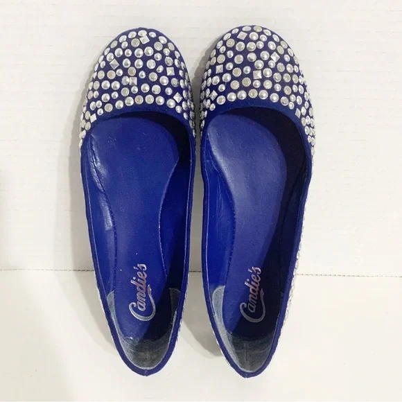 Candies Faux Suede Covered in Silver Toned Studs Rounded Toe Ballet Flats Royal - Picture 7 of 13